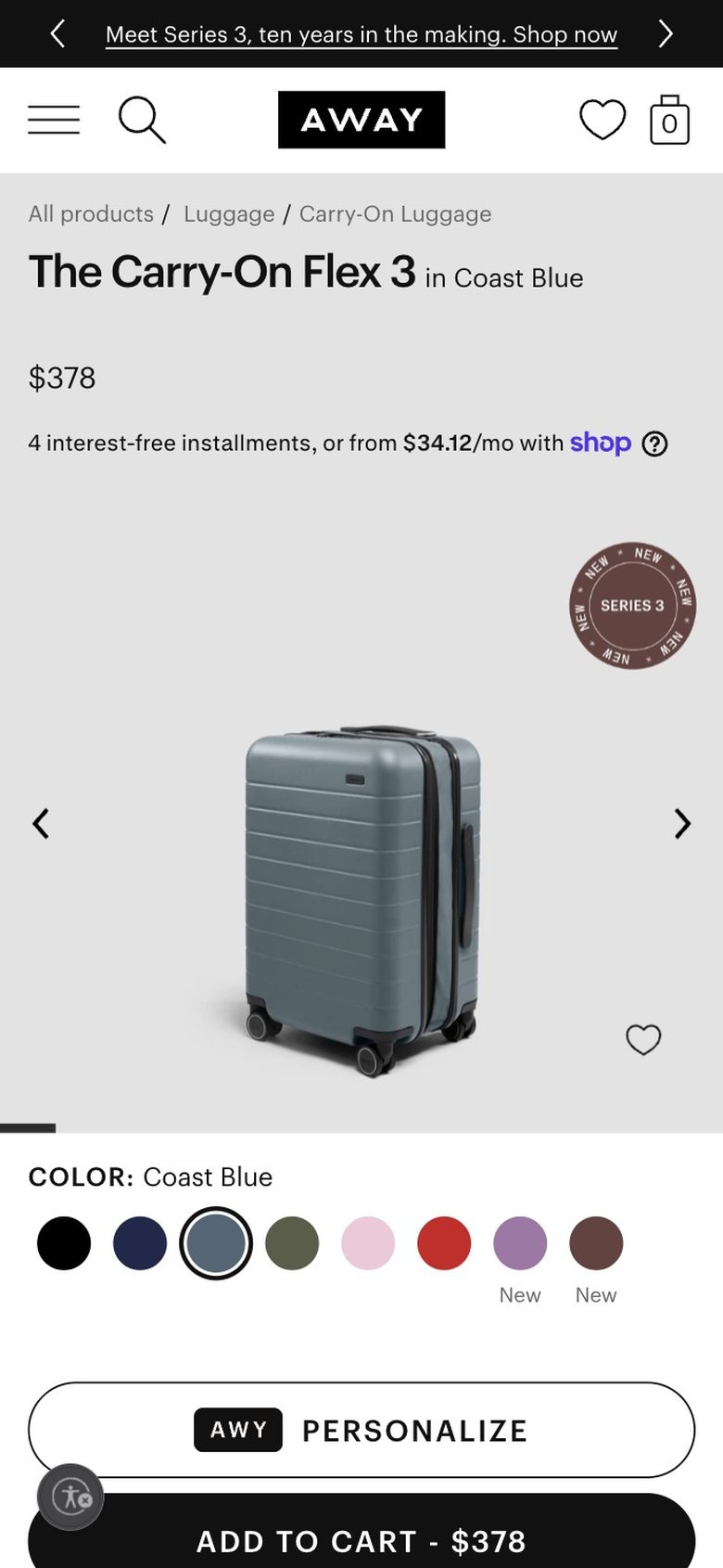 Away carry-on flex 3 product page on mobile, live site before changes