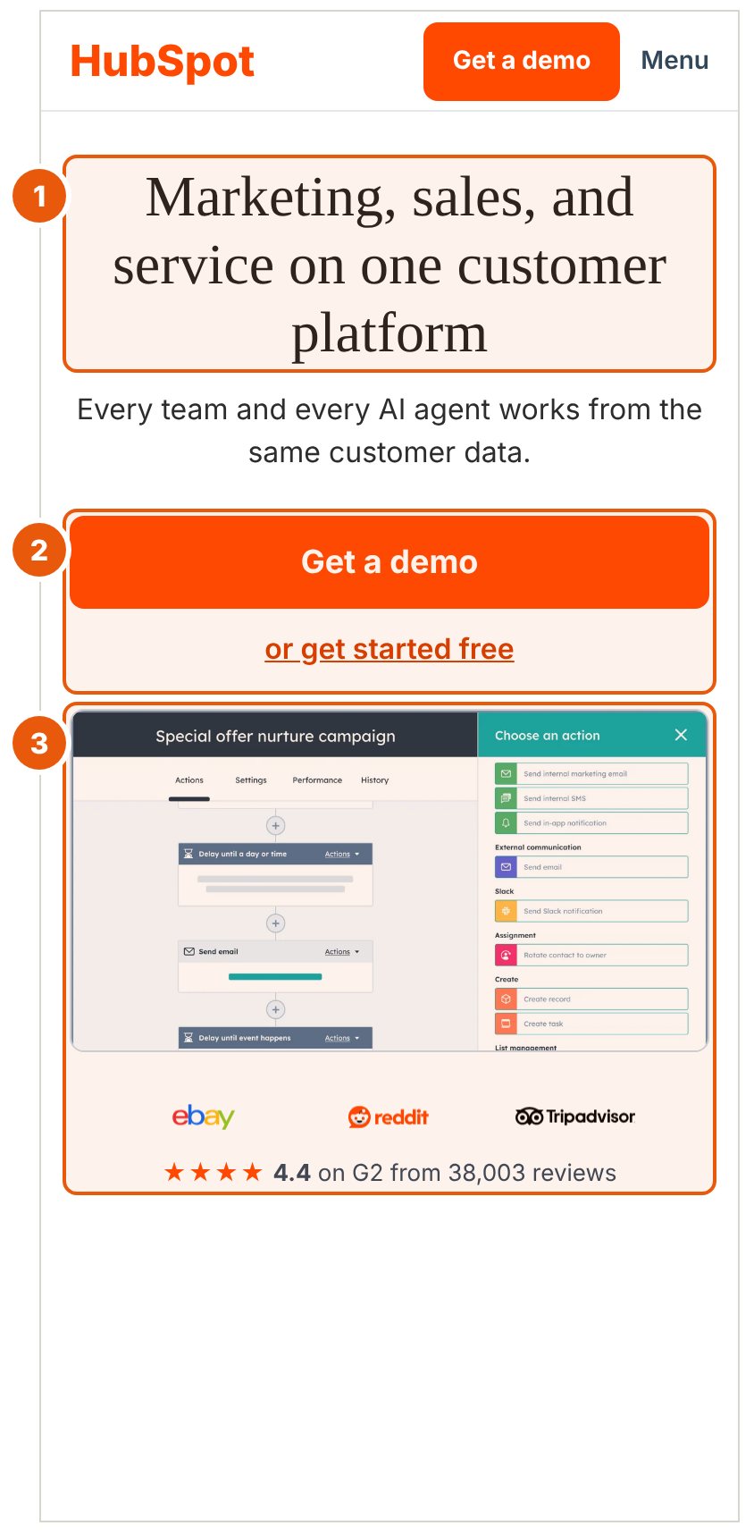 HubSpot concept with three numbered callouts marking what changed
