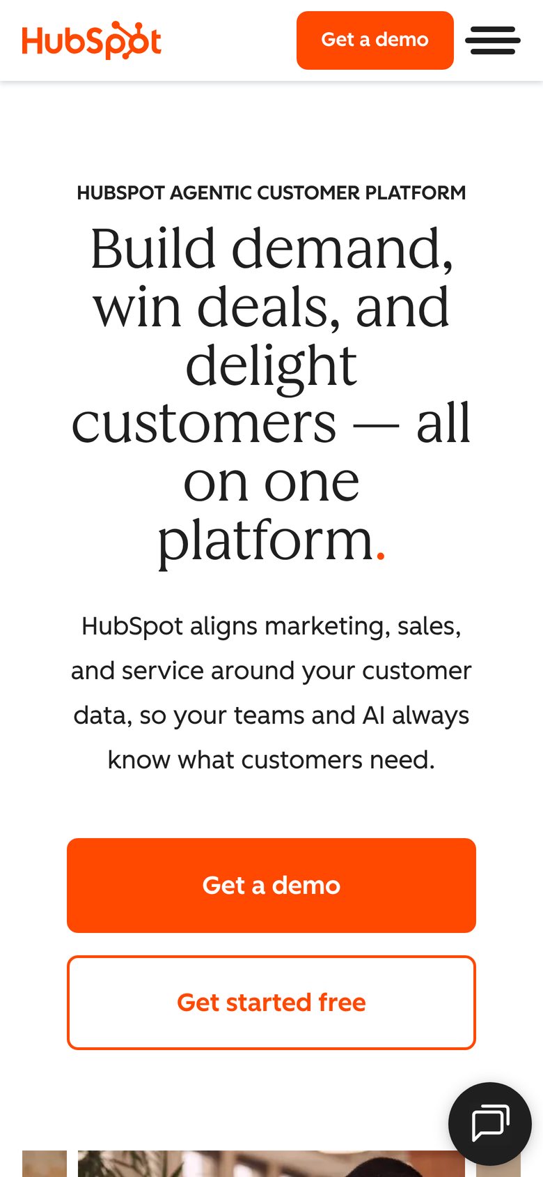 HubSpot homepage mobile hero on mobile, live site before changes