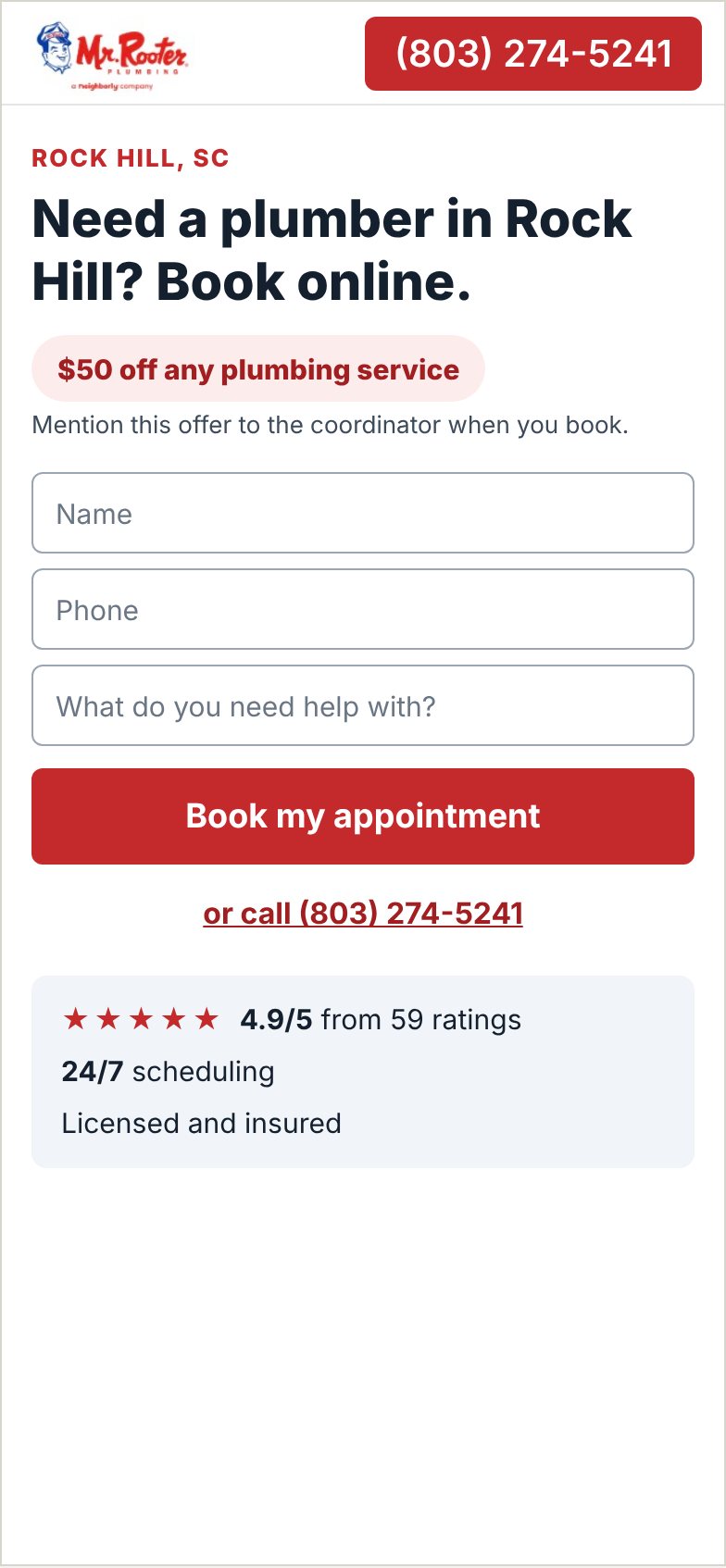 Mr. Rooter Plumbing rock hill paid landing page, concept redesign