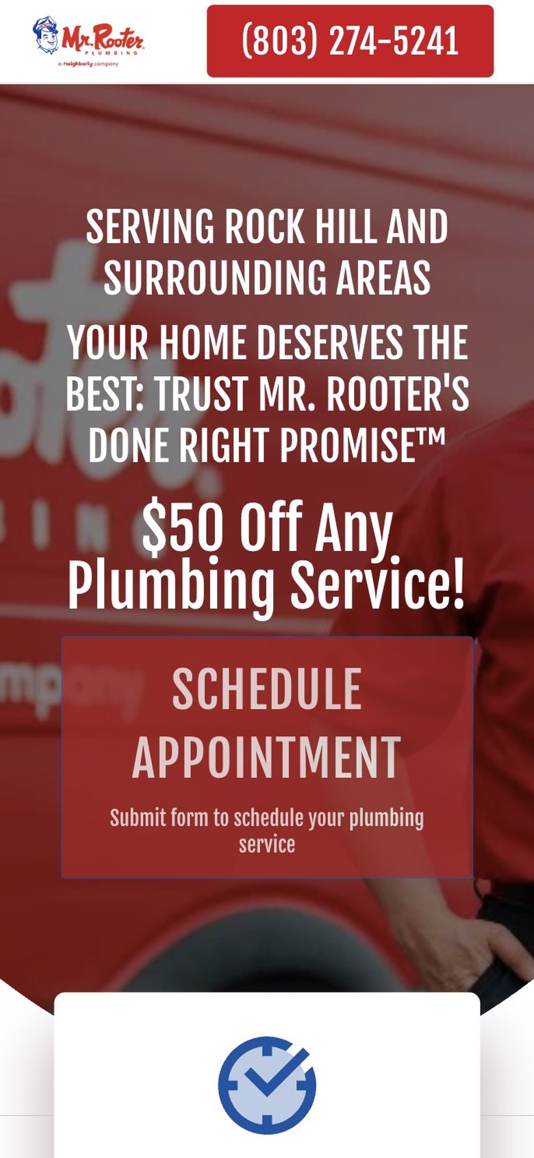 Mr. Rooter Plumbing rock hill paid landing page on mobile, live site before changes