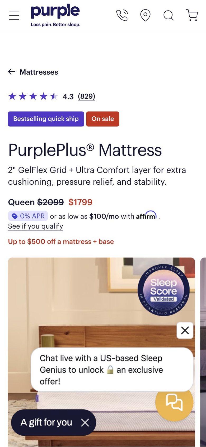 Purple purpleplus product page on mobile, live site before changes