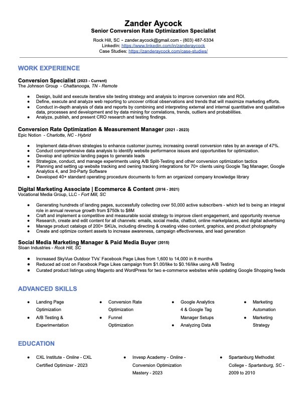 screenshot of a resume