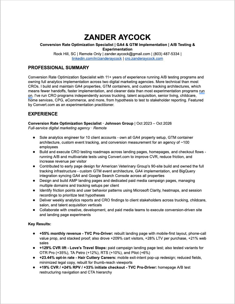 Zander Aycock Resume - Conversion Optimization Strategist min zander aycock resume screenshot